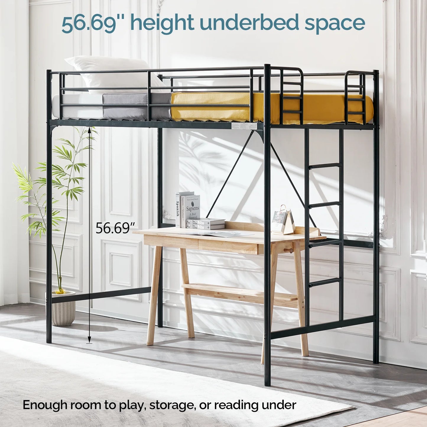 Zimtown Twin Loft Bed with Ladder Metal Bunk Bed with Flat Step Ladder for Kids Teens Adults, Black