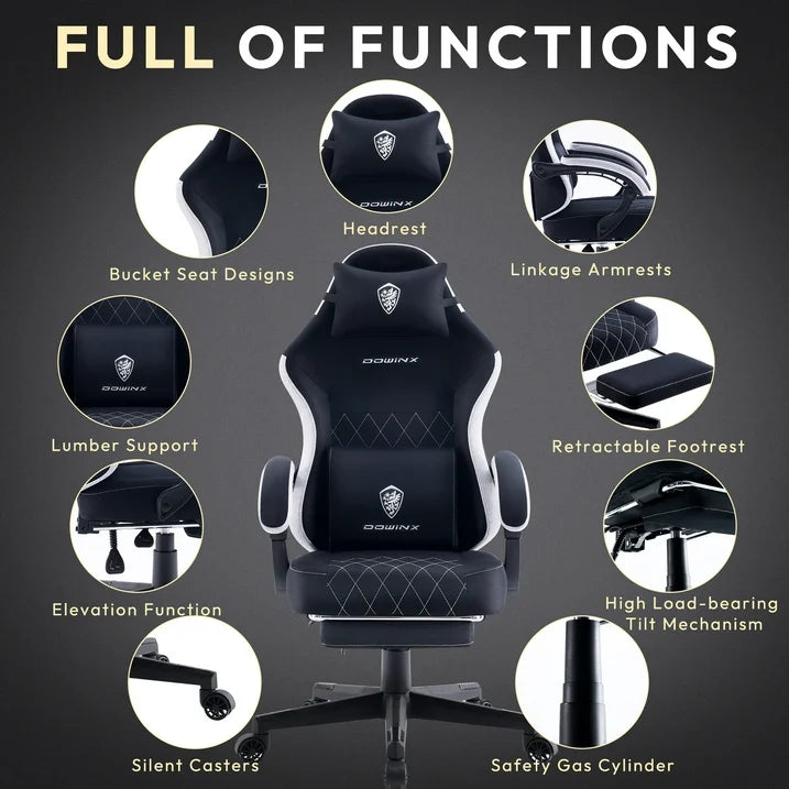 Dowinx Fabric Gaming Chair with Pocket Spring Cushion High Back Ergonomic Office Chair, Adjustable Footrest & Lumbar Support, 300lbs Capacity, Black