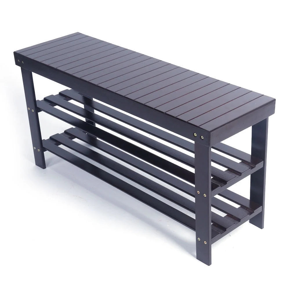 Zimtown 36" 3 Tier Solid Bamboo Shoe Bench Storage Racks Seat Organizer for Entryway Hallway Kids, Coffee