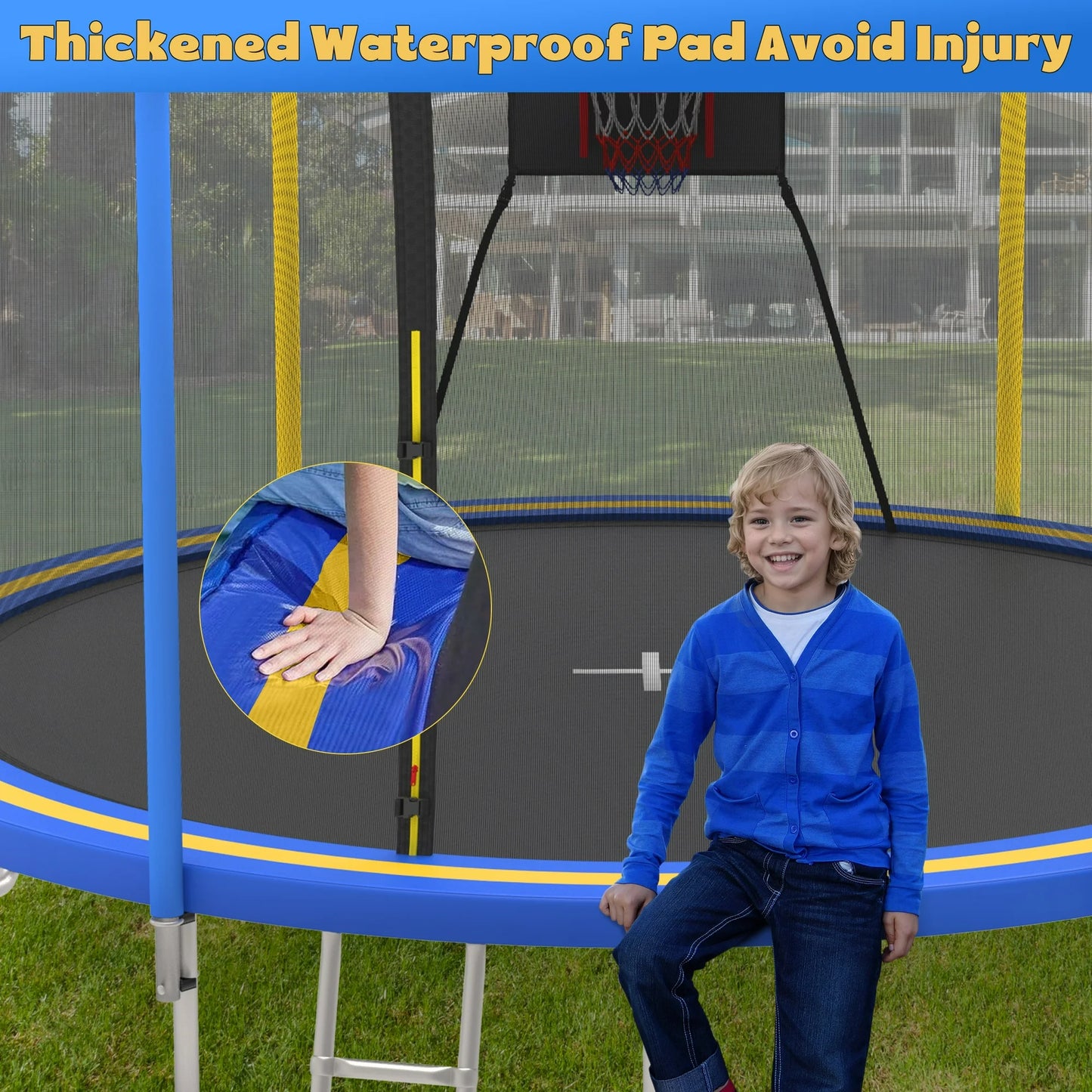 14ft Trampoline with Basketball Hoop, SEGMART Upgraded Round Kids Outdoor Trampoline with Enclosure, Heavy-Duty Backyard Trampoline for Adults and Kids, Blue