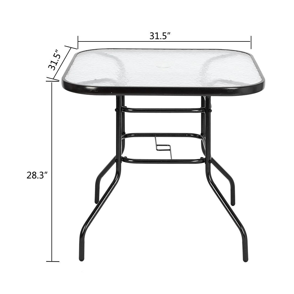 Zimtown 31" Outdoor Dining Table with Glass Top w/ Umbrella Hole for Patio Garden Poolside, Black Steel Frame
