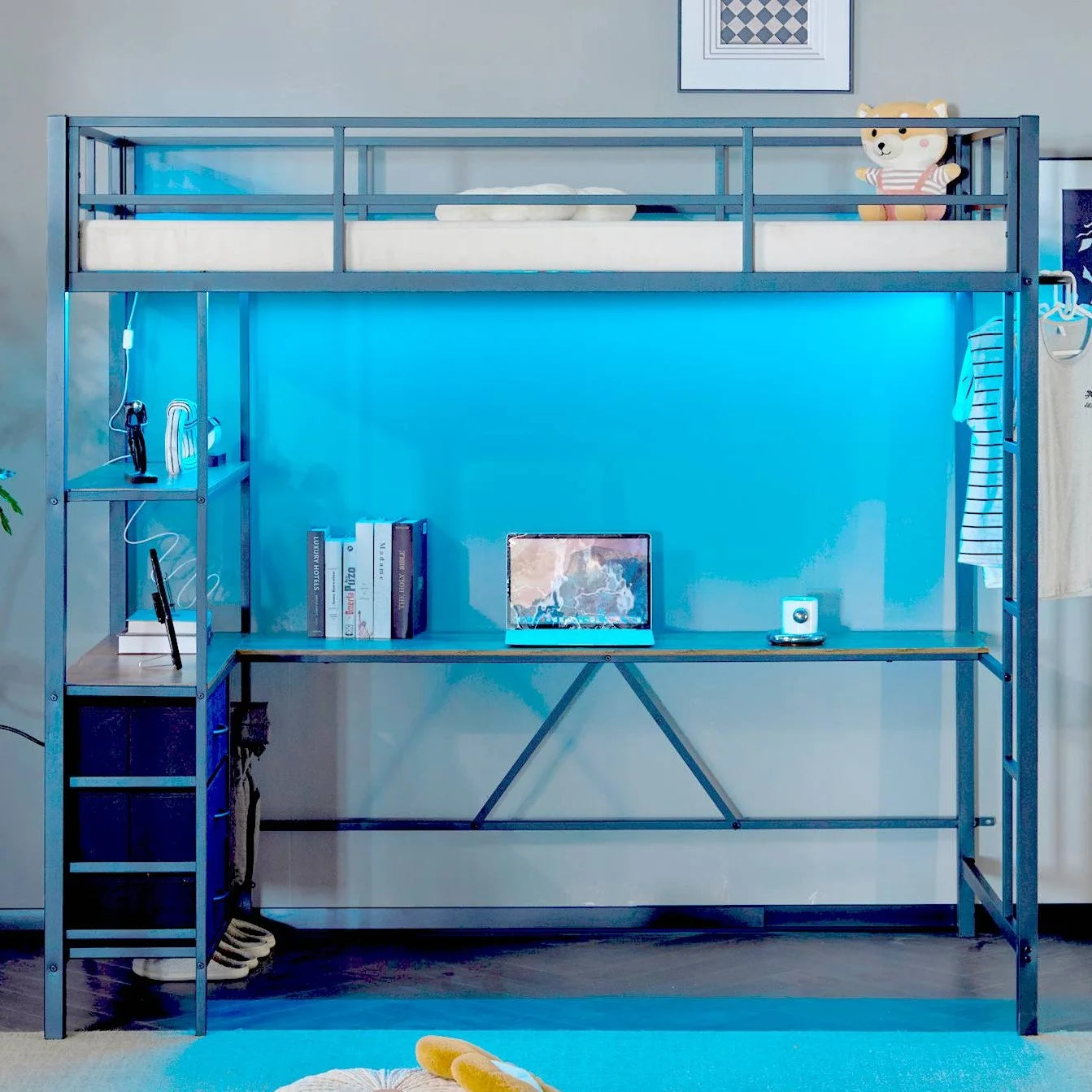 Zimtown Twin Loft Bed Frame with L Shaped Desk, Metal Bed w/ LED Light and Charging Station, Black