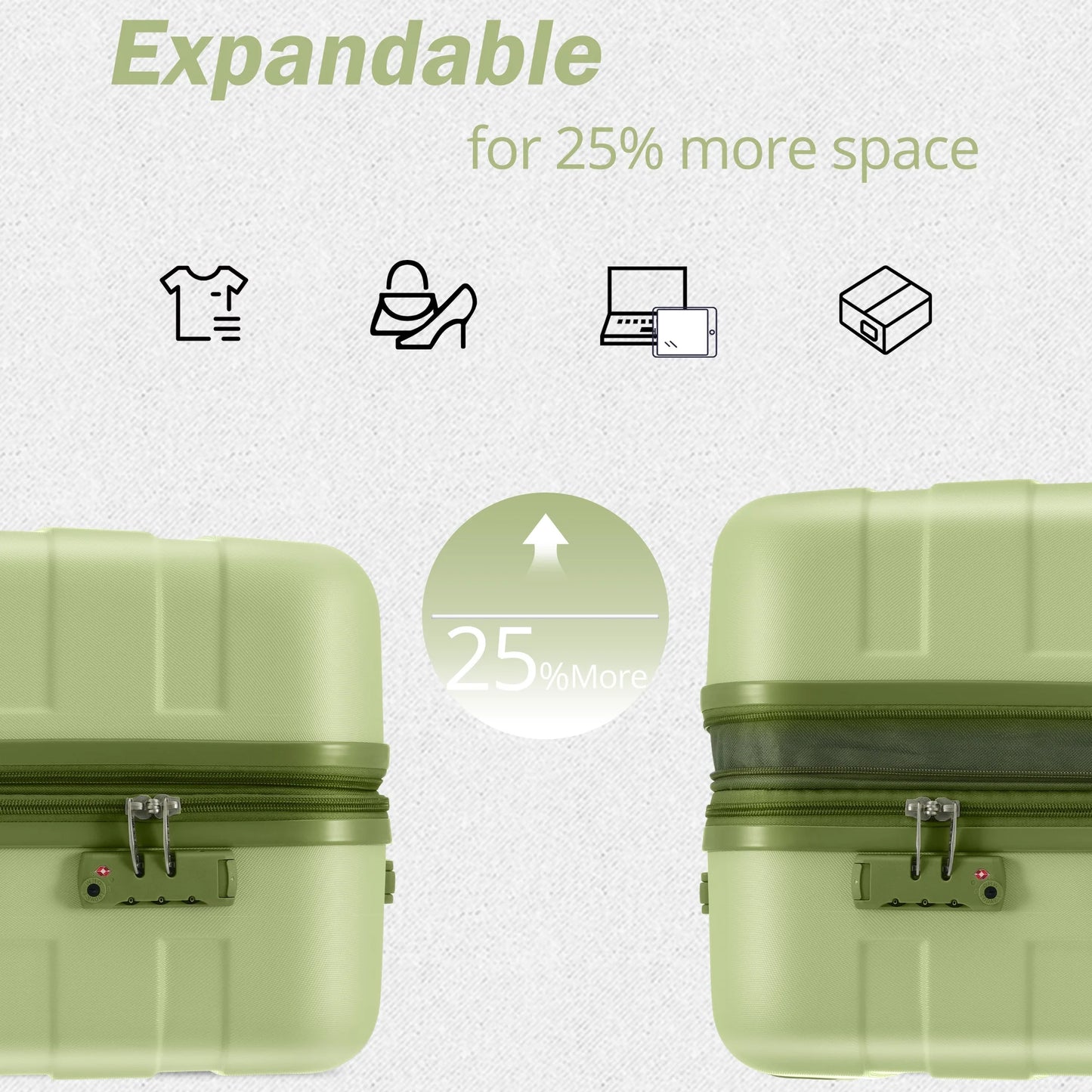 EUROCO 3 Piece Luggage Sets,Expandable ABS Suitcase Sets with TSA Lock and 4 Spinner Wheels,Hardshell Lightweight Luggage Set,Light Green