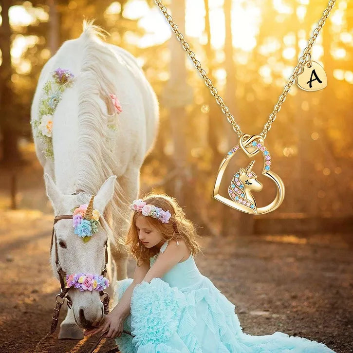Turandoss Gold Unicorn Necklace Gifts for Girls Daughter - Heart Pendant Initial Unicorn Necklaces for Girl Teens, Little Girls Jewelry Birthday Gift
