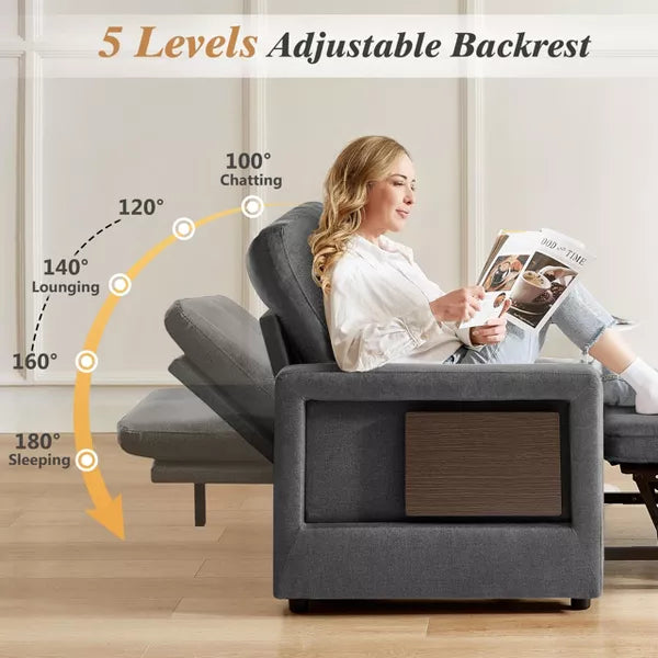 Vipbear 3-in-1 Sleeper Sofa Chair Bed, 42.5" W Convertible Sleeper Chair with Pull Out Bed, USB Charging Ports & Side Table, Cup Holder