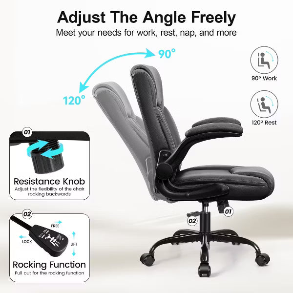 PU Leather Executive Office Chair, Ergonomic High Back Office Chair with Adjustable Height, Flip-Up Armrests Comfortable Seat for Home Office，Black