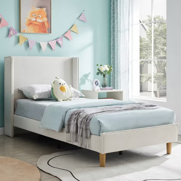 Corduroy Upholstered Twin Platform Bed Frame  Modern Wingback Headboard with Underneath Storage, No Box Spring Needed