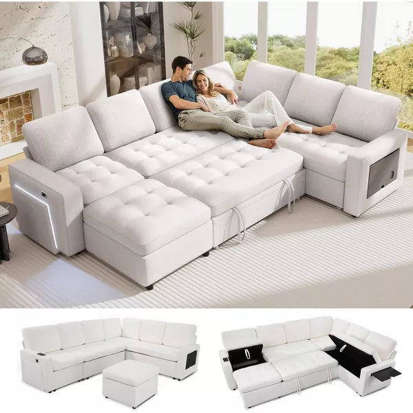 Vipbear 7-Seat Modular Sectional Sleeper Sofa with Pull-Out Bed, Reclining Backrest, USB Ports, Table, LED Lights & Storage Seats,Gray