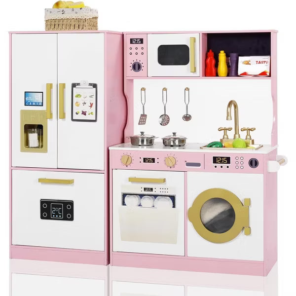 Kinder King Pretend Play Kitchen Wooden Toy Set for Kids with Sounds, Utensils, Oven & Microwave, Role Play Gift for Boys and Girls Age 3+