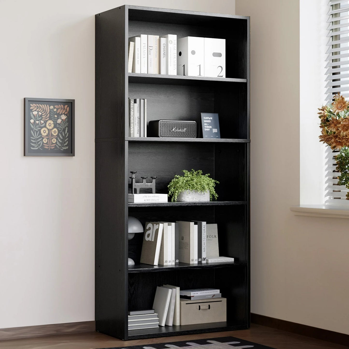 ZUNMOS 5 Shelf Bookcase, 53 Inch Tall Open Industrial Standing Bookshelf Large Storage for Home Office, Living Room, Bed Room, Black