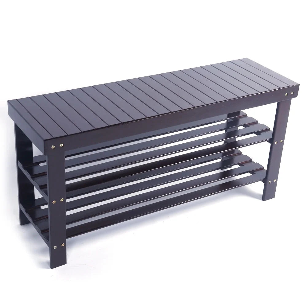 Zimtown 36" 3 Tier Solid Bamboo Shoe Bench Storage Racks Seat Organizer for Entryway Hallway Kids, Coffee