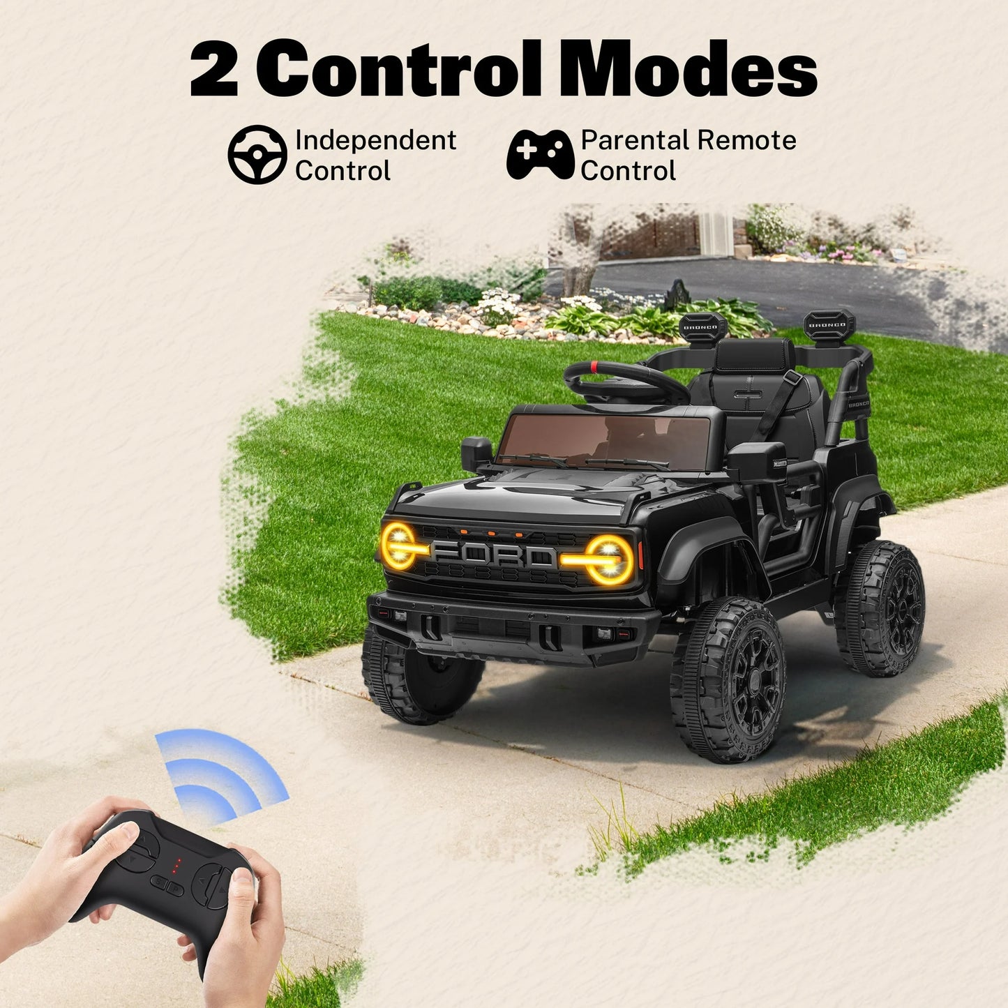 12V Ford Bronco Kids Ride on Cars with Parental Remote, Toddler Electric Ride on Toys Battery Powered with Soft Start, Kids Riding Toys with Headlights/Music/Bluetooth for Boys Girls Aged 3+, Black
